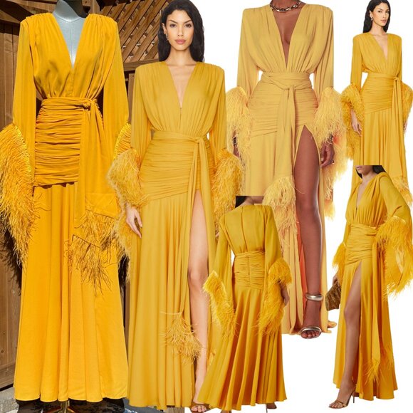 🆕 BRONX & BANCO 🧿 NWOT Geisha Feather-Trim Maxi Dress, Mustard - Sz S US 4 - Picture 1 of 16